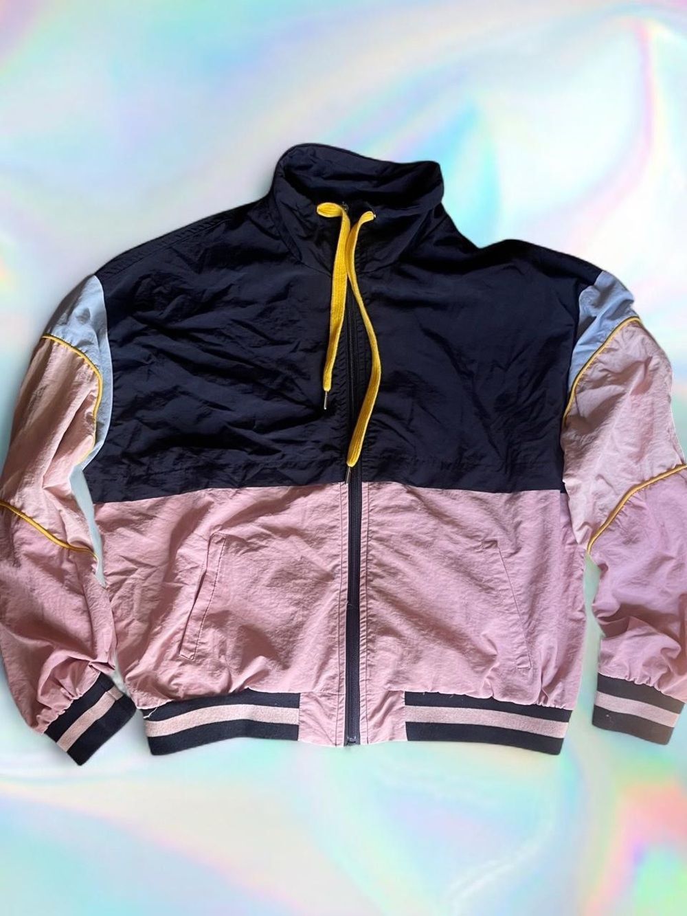 Colorblock Windbreaker Jacket in Black & Pink with Yellow Trim